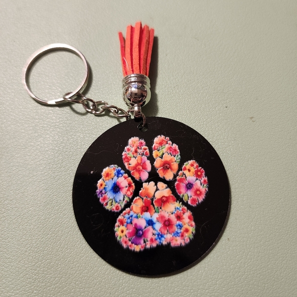 Accessories - Floral Paw Print Keychain with Red Tassel